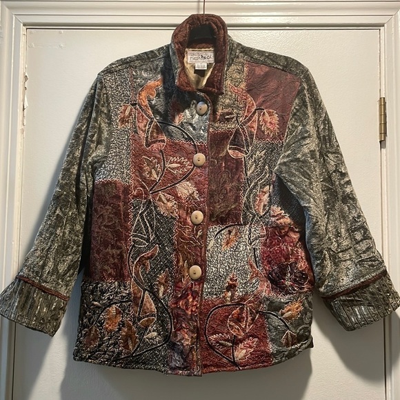 Flashback Patchwork Fall Motif in Rich Rust and Multi Jewel Color Jacket - Picture 1 of 12